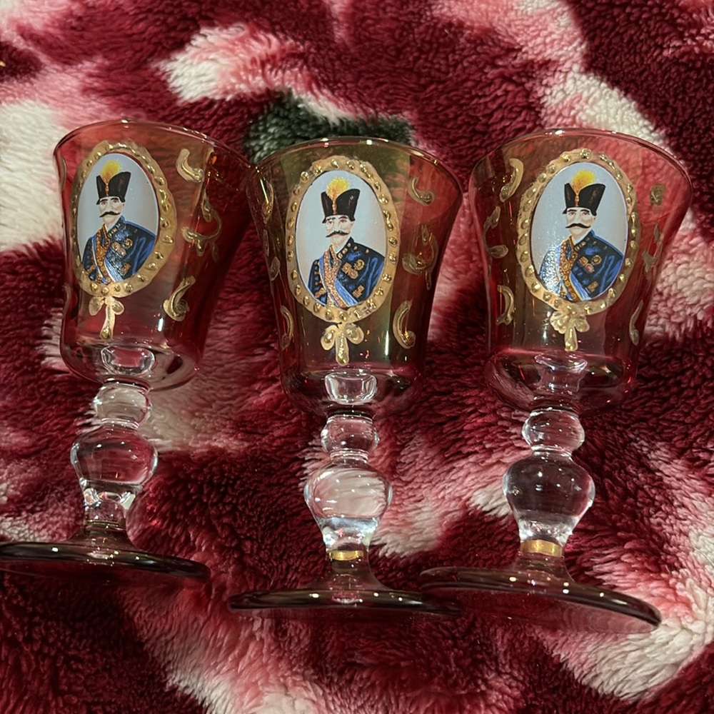 Set Of 6 Vintage Bohemian Ruby Red Figural Cordial Glasses w/ Gold Trim
